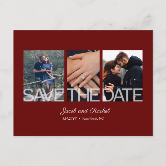 Save the Date 3-Photo Collage Bourgogne Red Weddin Briefkaart (Voorkant)