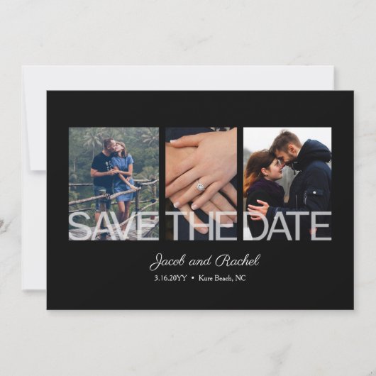 Save the Date 3-Photo Collage Zwart Wit Trouwen (Voorkant)