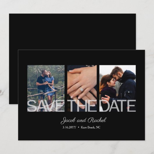 Save the Date 3-Photo Collage Zwart Wit Trouwen (Voorkant / Achterkant)