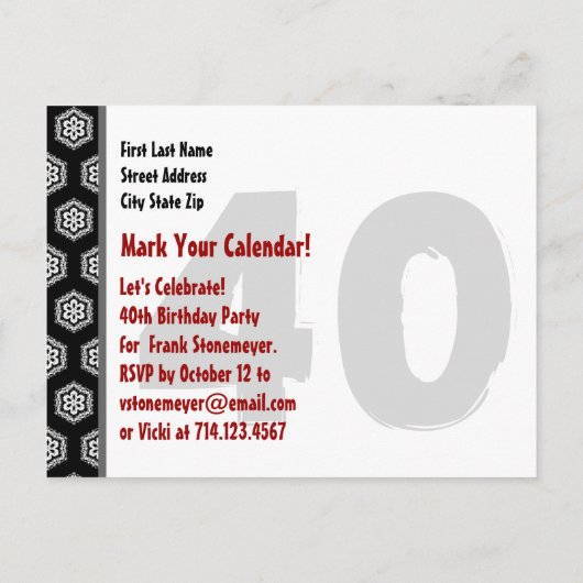 Save the Date 40th SURPRISE Verjaardagsfeest B001 Aankondigingskaart (Achterkant)