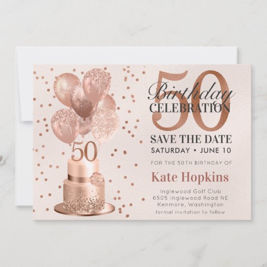 Save The Date 50e Verjaardag Roze Gouden Cake (Voorkant)