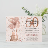 Save The Date 50e Verjaardag Roze Gouden Cake (Staand voorkant)