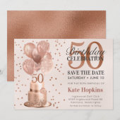 Save The Date 50e Verjaardag Roze Gouden Cake (Voorkant / Achterkant)