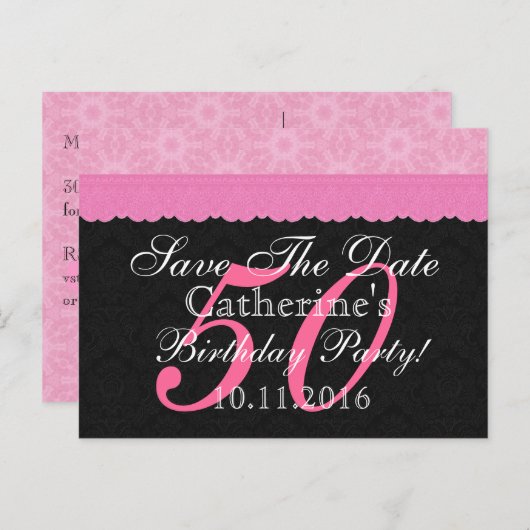 Save the Date 50th Birthday Roze en zwarte kant Aankondigingskaart (Voorkant / Achterkant)