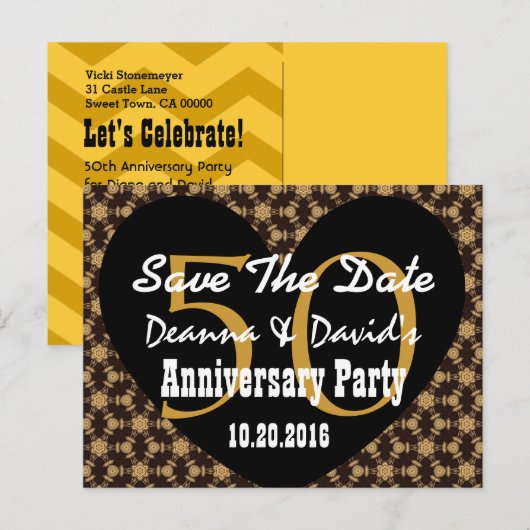 Save the Date 50th Jubileum GOLD BLACK Heart V1 Aankondigingskaart (Voorkant / Achterkant)