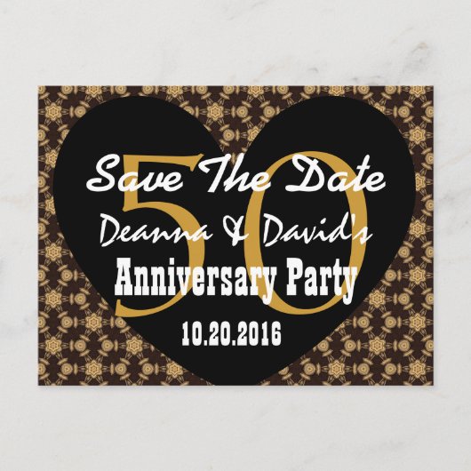Save the Date 50th Jubileum GOLD BLACK Heart V1 Aankondigingskaart (Voorkant)