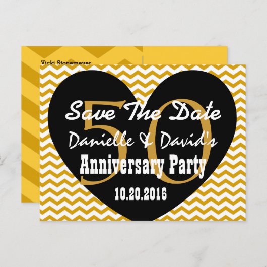 Save the Date 50th Jubileum GOLD BLACK Heart V3 Aankondigingskaart (Voorkant / Achterkant)