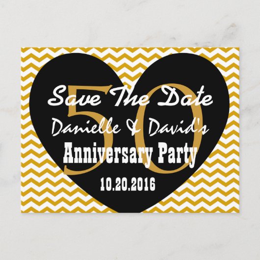 Save the Date 50th Jubileum GOLD BLACK Heart V3 Aankondigingskaart (Voorkant)