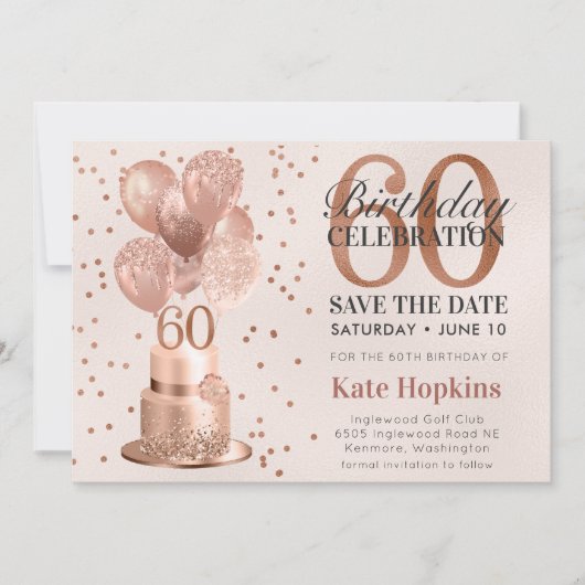 Save The Date 60e verjaardag Roze Gouden Cake (Voorkant)