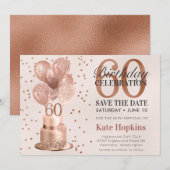 Save The Date 60e verjaardag Roze Gouden Cake (Voorkant / Achterkant)