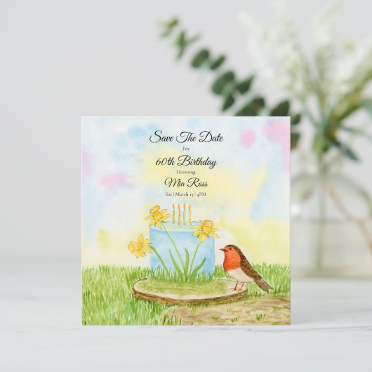 Save The Date 60th Birthday Robin Daffodil Cake (Staand voorkant)