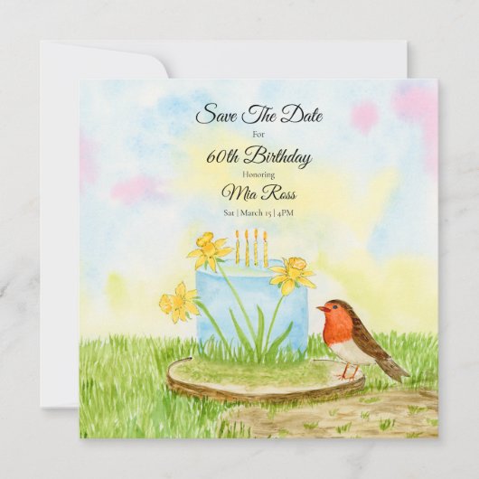 Save The Date 60th Birthday Robin Daffodil Cake (Voorkant)