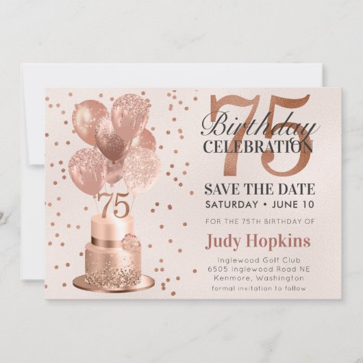 Save The Date 75e Verjaardag Roze Gouden Cake (Voorkant)