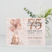 Save The Date 75e Verjaardag Roze Gouden Cake (Staand voorkant)