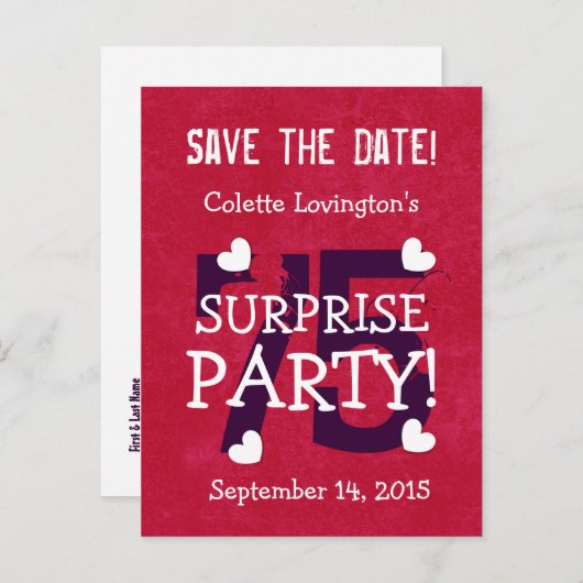 Save the Date 75th Surprise Verjaardag S75B RED Aankondigingskaart (Voorkant / Achterkant)