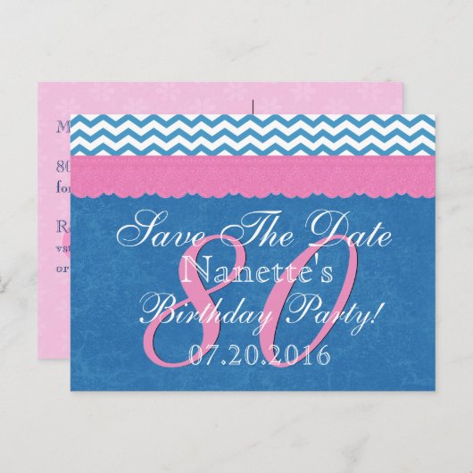 Save the Date 80th Birthday Roze Blauwe Kant Aankondigingskaart (Voorkant / Achterkant)
