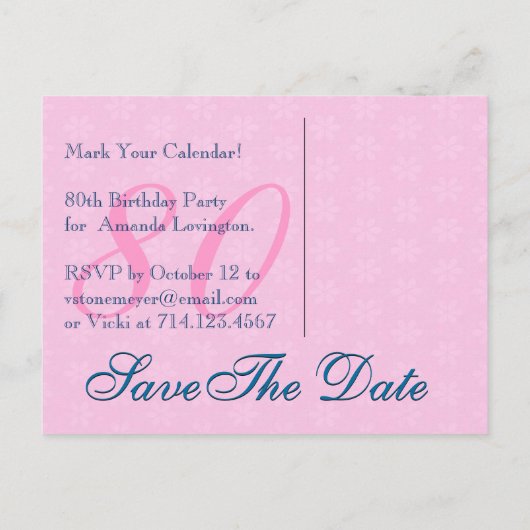 Save the Date 80th Birthday Roze Blauwe Kant Aankondigingskaart (Achterkant)