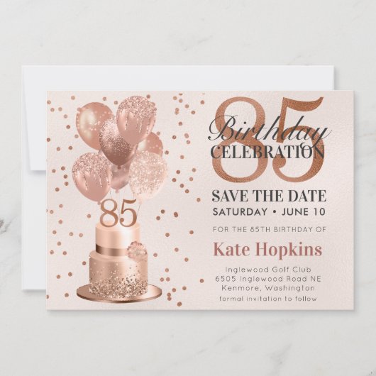 Save The Date 85e Verjaardag Roze Gouden Cake (Voorkant)