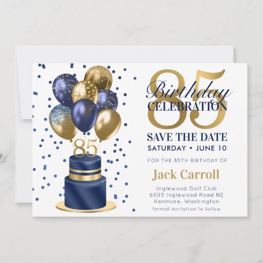 Save The Date 85ste verjaardag Navy Blue Cake (Voorkant)