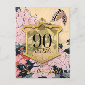 Save the Date 90th Birthday Butterfly Peonies P Aankondigingskaart