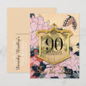 Save the Date 90th Birthday Butterfly Peonies P Aankondigingskaart (Voorkant / Achterkant)