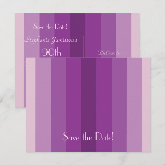 Save the Date 90th Birthday Party, Paarse strepen Aankondigingskaart (Voorkant / Achterkant)