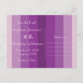 Save the Date 90th Birthday Party, Paarse strepen Aankondigingskaart (Achterkant)