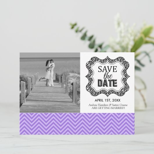 Save the Date Aankondigingen {Paarse Chevron} (Staand voorkant)