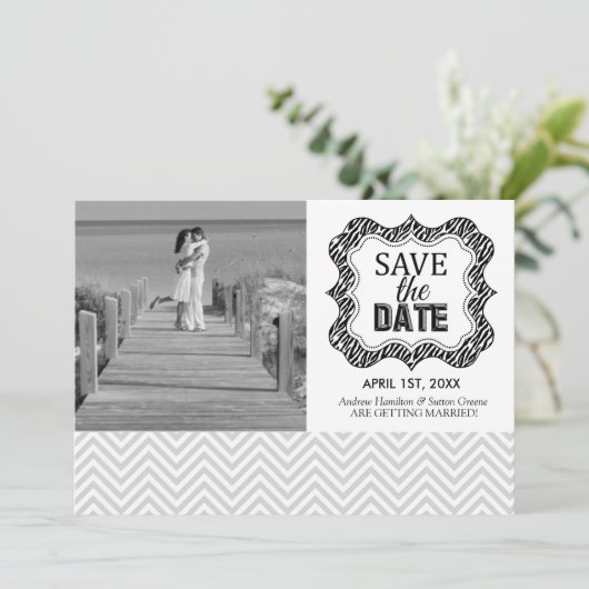 Save the Date Aankondigingen {Zilveren Chevron} (Staand voorkant)