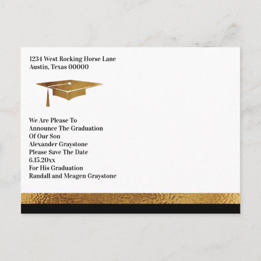 Save the Date Afstuderen - Zwart & Faux Gold Stijl Aankondigingskaart (Achterkant)