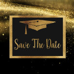 Save the Date Afstuderen - Zwart & Faux Gold Stijl Aankondigingskaart<br><div class="desc">Stuur dit elegante en stijlvolle zwart en faux gouden afstuderen briefkaart naar je familie en vrienden. Afstuderen Save The Date briefkaart modern en eenvoudig ontwerp is voorzien van een graduatie cap.</div>