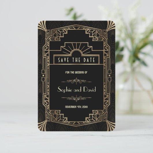 Save the date | Art Deco Black Gatsby jaren 20 (Staand voorkant)
