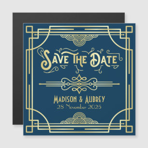 Save the Date Art Deco Gatsby Glamour Goud Blauw Magnetische Uitnodiging