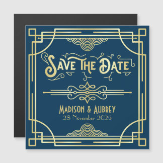 Save the Date Art Deco Gatsby Glamour Goud Blauw Magnetische Uitnodiging