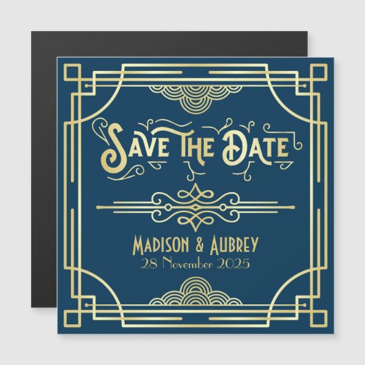 Save the Date Art Deco Gatsby Glamour Goud Blauw Magnetische Uitnodiging (Voorkant / Achterkant)