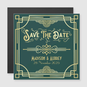 Save the Date Art Deco Gatsby Glamour Goud Groen Magnetische Uitnodiging