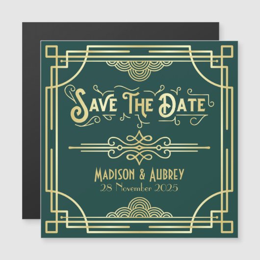 Save the Date Art Deco Gatsby Glamour Goud Groen Magnetische Uitnodiging (Voorkant / Achterkant)