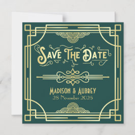 Save the Date Art Deco Gatsby Glamour Goud Groen Magnetische Uitnodiging