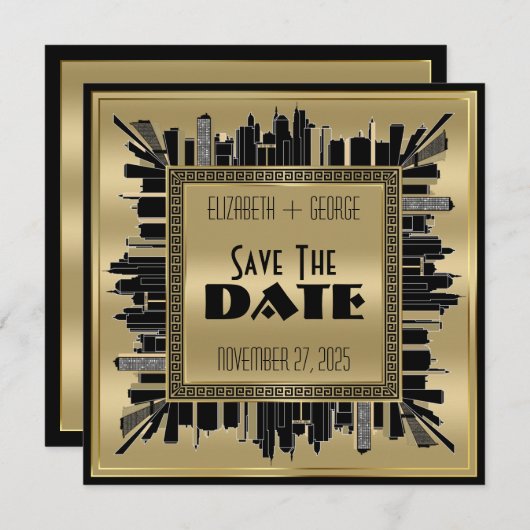 Save the Date Art Deco Gatsby Glamour Goud Zwart Kaart (Voorkant / Achterkant)