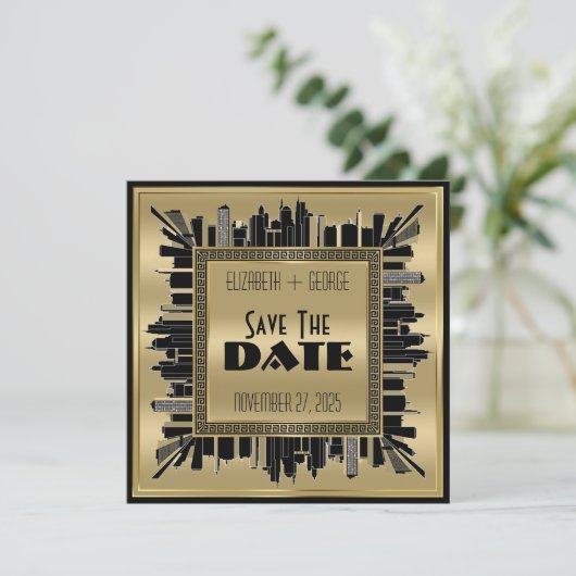 Save the Date Art Deco Gatsby Glamour Goud Zwart Kaart (Staand voorkant)