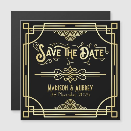 Save the Date Art Deco Gatsby Glamour Goud Zwart Magnetische Uitnodiging (Voorkant / Achterkant)