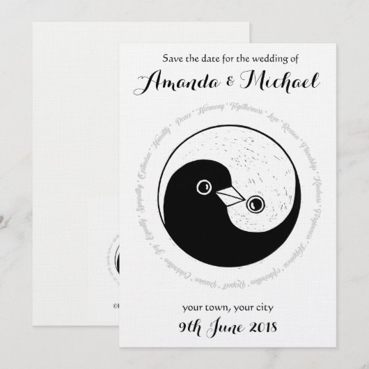 SAVE THE DATE b/w YinYang doves trouwkaart (Voorkant / Achterkant)