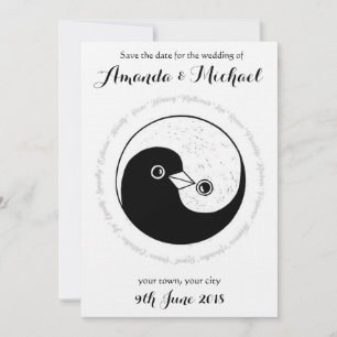 SAVE THE DATE b/w YinYang doves trouwkaart