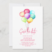 Save The Date Ballonnen Meisjes 1e Verjaardag (Voorkant)