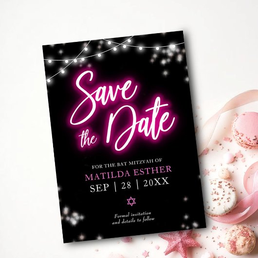 Save the Date Bat Mitzvah Neon Roze Thema Kaart