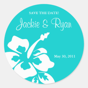 Save the Date Beach Bruiloft Stickers Hibiscus Bla