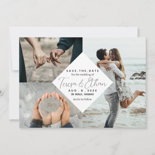 Save the Date Beach Geïnspireerd Fotocollage Weddi Kaart (Voorkant)