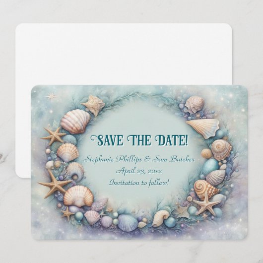 Save the Date Beach Seashells Coastal Themed Kaart (Voorkant / Achterkant)