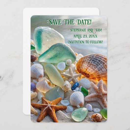 Save the Date Beach Seashells Glass Beautiful Kaart (Voorkant / Achterkant)