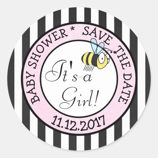 Save the Date, Bee It a Girl Baby shower Sticker (Voorkant)